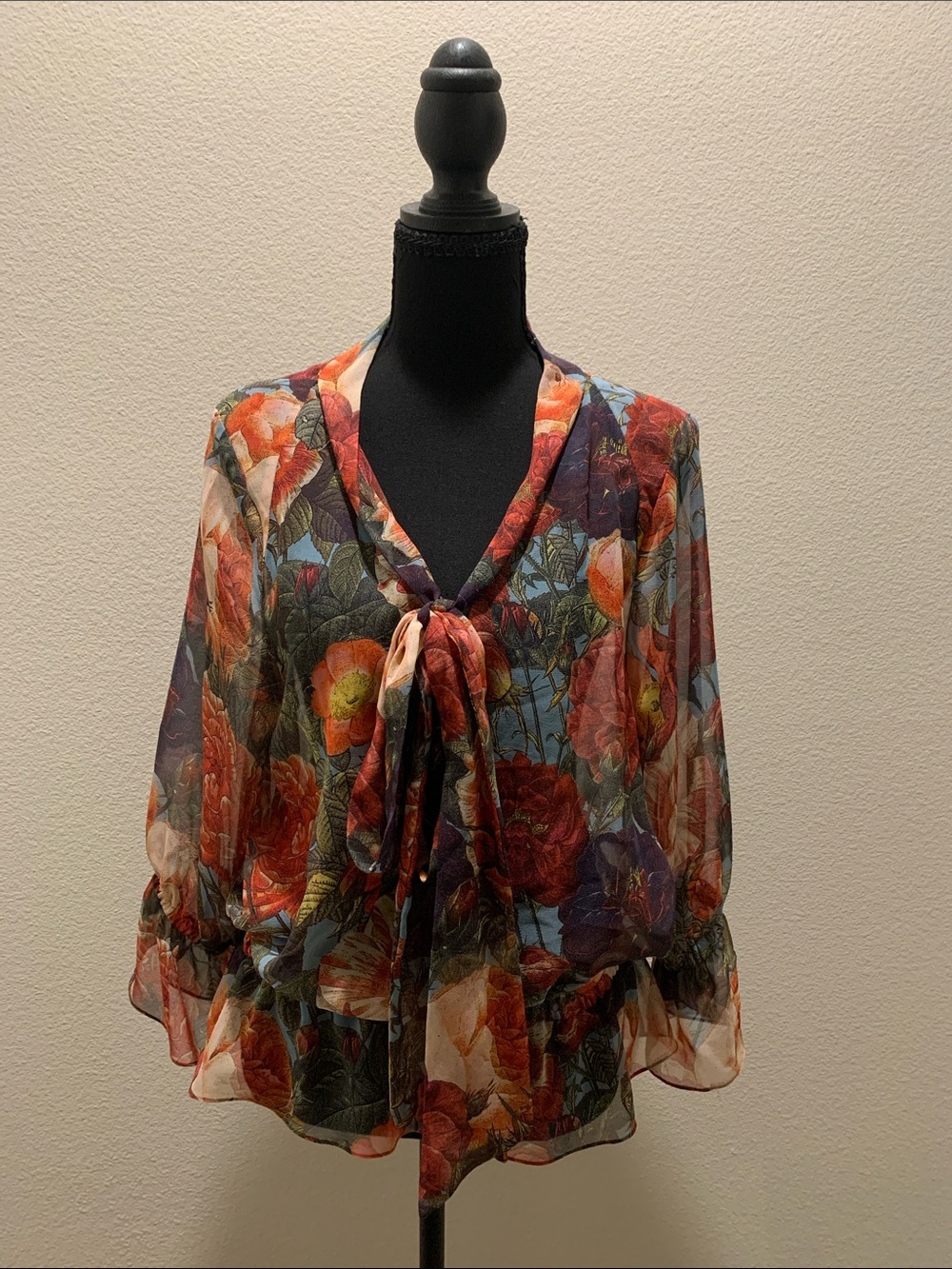 Haute Hippie 100% Silk Sheer Floral Tie-Neck NWOT (Size XS)